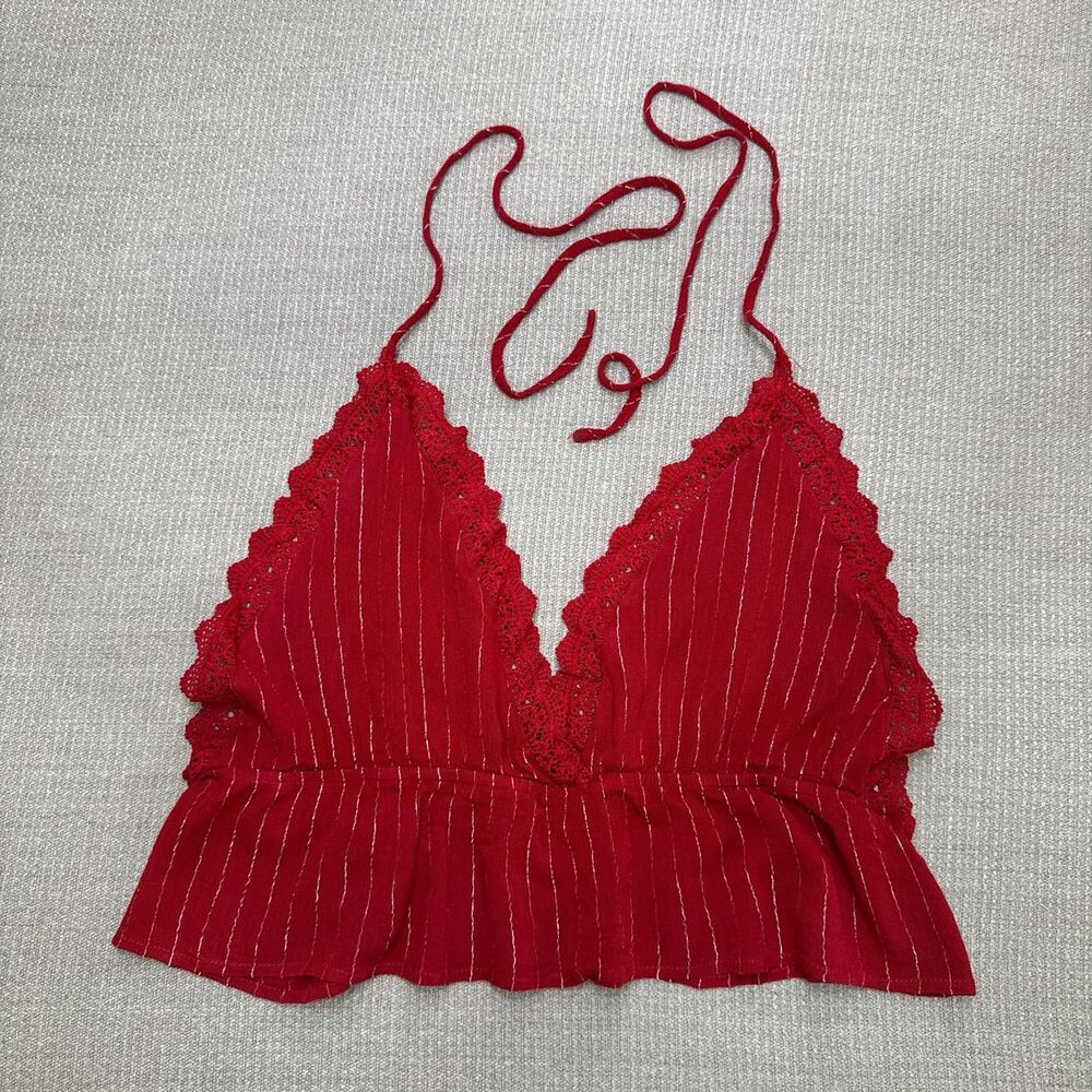 Boho Red Crochet Lace Trim Striped Halter Top Crop Tie Neck Party Wear Sz XL